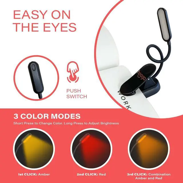Alt view image 3 of 5 - Amber Book Light Blue Light Blocking Reading Light for Bed, Stepless Dimming, Rechargeable Clip-On Night Light, 1600K Amber & 625nm Red LED for Night Reading