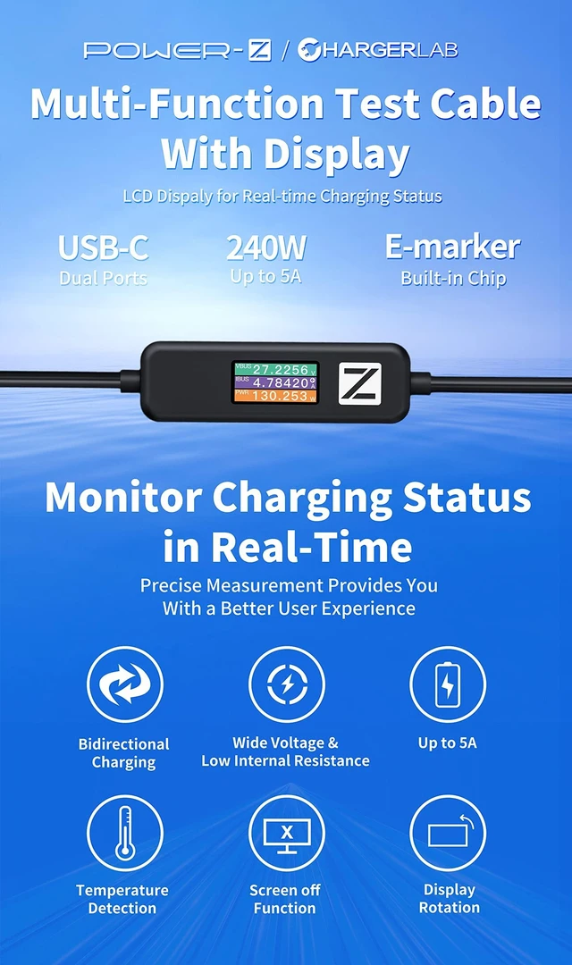 Alt view image 2 of 6 - Power-Z AK001 Multi-Function 240W USB PD Charging Test Cable with Color Display Compatible with USB-C Devices (1.5M/5FT)