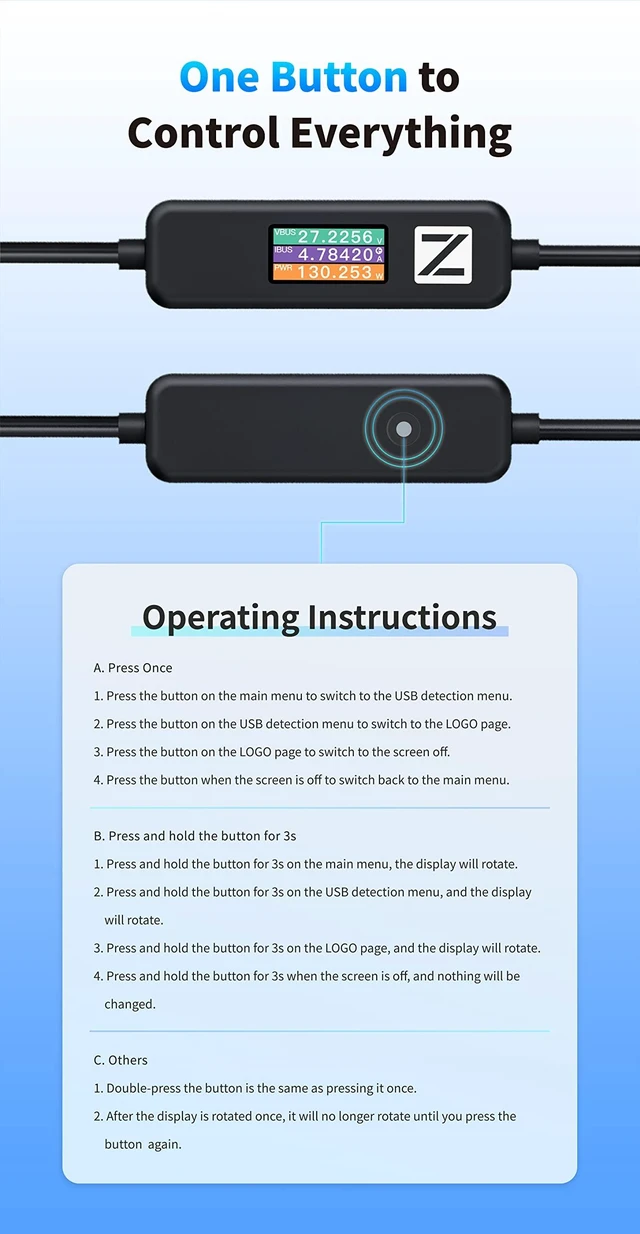 Alt view image 5 of 6 - Power-Z AK001 Multi-Function 240W USB PD Charging Test Cable with Color Display Compatible with USB-C Devices (1.5M/5FT)