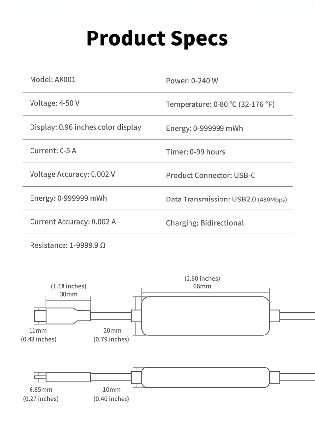 Alt view image 6 of 6 - Power-Z AK001 Multi-Function 240W USB PD Charging Test Cable with Color Display Compatible with USB-C Devices (1.5M/5FT)
