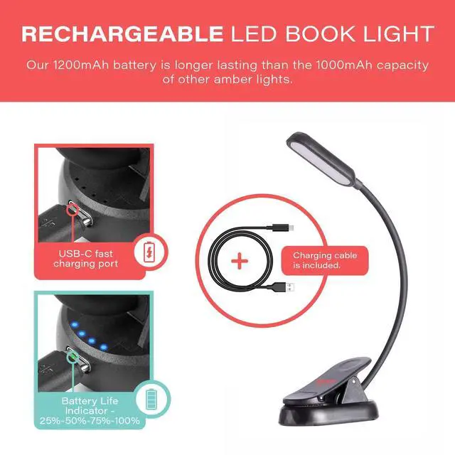 Alt view image 4 of 5 - Amber Book Light Blue Light Blocking Reading Light for Bed, Stepless Dimming, Rechargeable Clip-On Night Light, 1600K Amber & 625nm Red LED for Night Reading