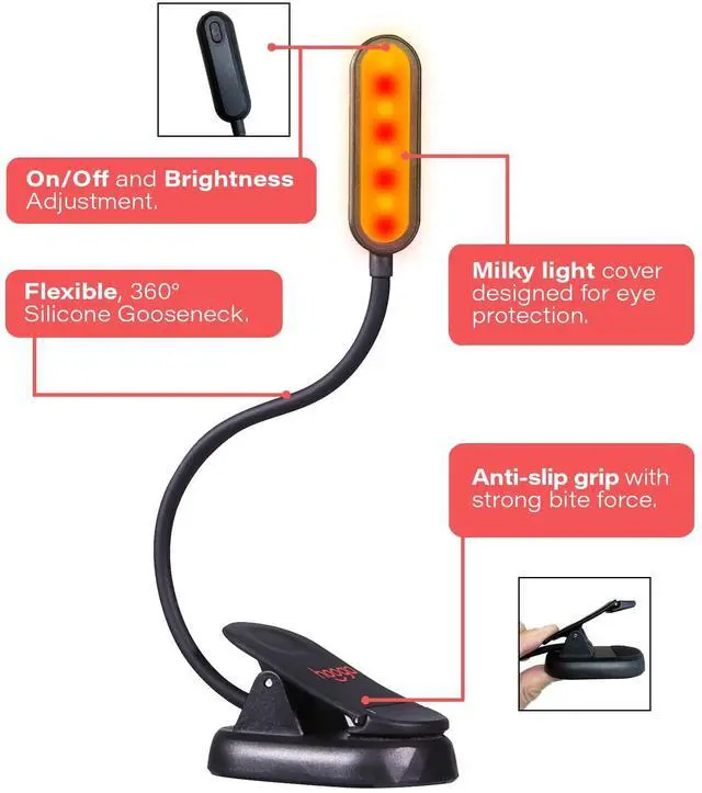 Alt view image 2 of 5 - Amber Book Light Blue Light Blocking Reading Light for Bed, Stepless Dimming, Rechargeable Clip-On Night Light, 1600K Amber & 625nm Red LED for Night Reading