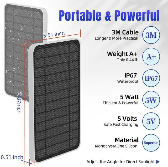 Alt view image 3 of 7 - Solar Panel for eufy Camera, 5W Solar Panel Compatible with eufyCam 2/2 Pro, 2C/2C Pro, E20/E40 Spotlight, IP65 Waterproof USB-C Solar Panel Charger for eufy with Micro USB & Rubber Plug