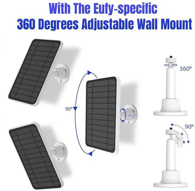 Alt view image 5 of 7 - Solar Panel for eufy Camera, 5W Solar Panel Compatible with eufyCam 2/2 Pro, 2C/2C Pro, E20/E40 Spotlight, IP65 Waterproof USB-C Solar Panel Charger for eufy with Micro USB & Rubber Plug
