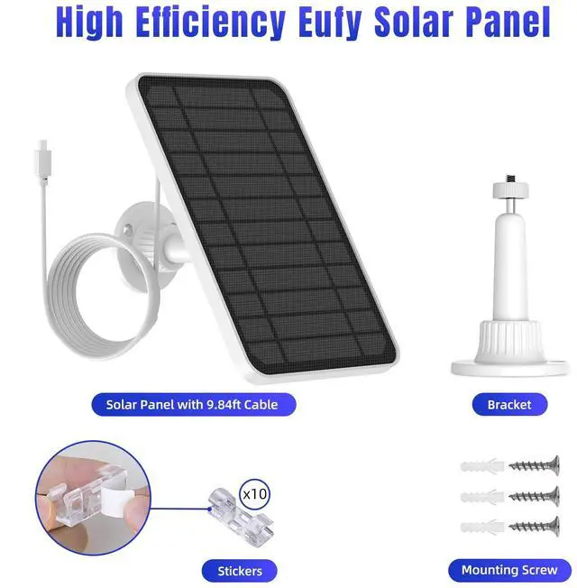 Alt view image 6 of 7 - Solar Panel for eufy Camera, 5W Solar Panel Compatible with eufyCam 2/2 Pro, 2C/2C Pro, E20/E40 Spotlight, IP65 Waterproof USB-C Solar Panel Charger for eufy with Micro USB & Rubber Plug