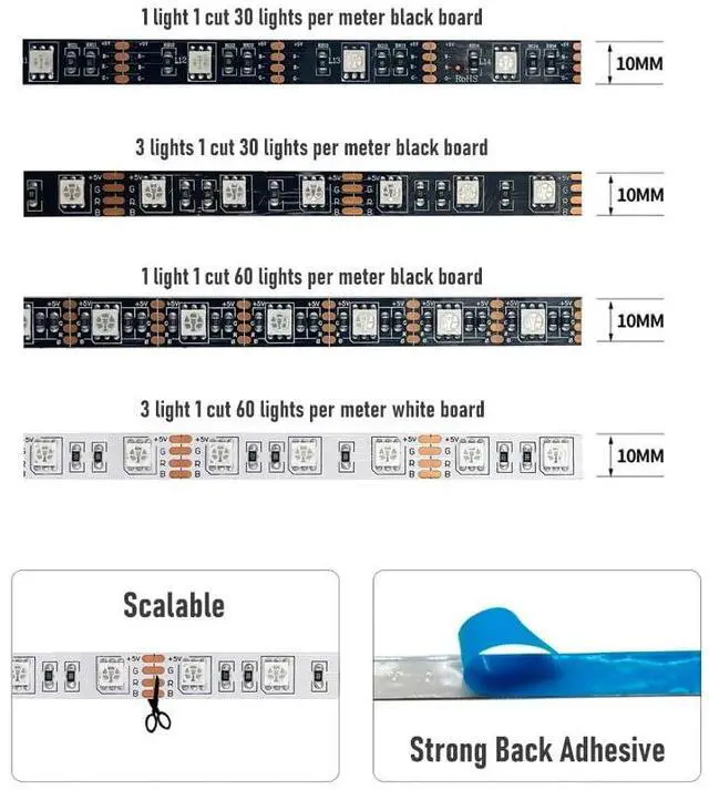 Alt view image 7 of 7 - LED Strip Lights 16.6 feet (5 Meter) RGB Color with APP and IR Remote 5050 SMD LED 30 Lights Per Meter for Bedroom,Home,TV Backlight with Remote Control (White, 5 Meter 150 led Lights)