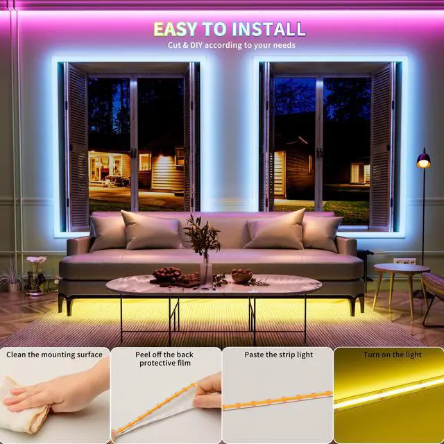Alt view image 7 of 7 - 5V USB COB RGB LED Strip Light 4.92ft/1.5m Color Changing Light Strips,TV Backlight Multicolor Flexible Under Cabinet Tape Lights with Bluetooth Control for Bedroom,Kitchen,Home DIY Lighting
