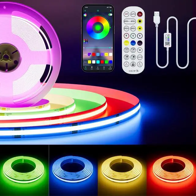 Main image of 5V USB COB RGB LED Strip Light 4.92ft/1.5m Color Changing Light Strips,TV Backlight Multicolor Flexible Under Cabinet Tape Lights with Bluetooth Control for Bedroom,Kitchen,Home DIY Lighting