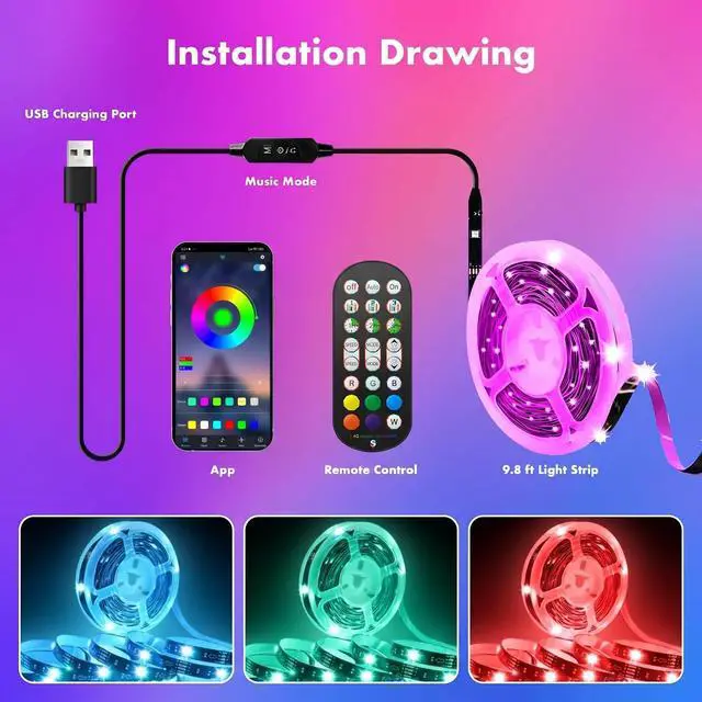 Alt view image 5 of 5 - LED Lights for TV, 9.8ft RGB TV Backlight for 32-43 inch TVs,Smart APP Remote Control,Music Sync Color Changing TV LED Strip Lights USB Powered for Bedroom,Gaming,Kitchen,Living Room