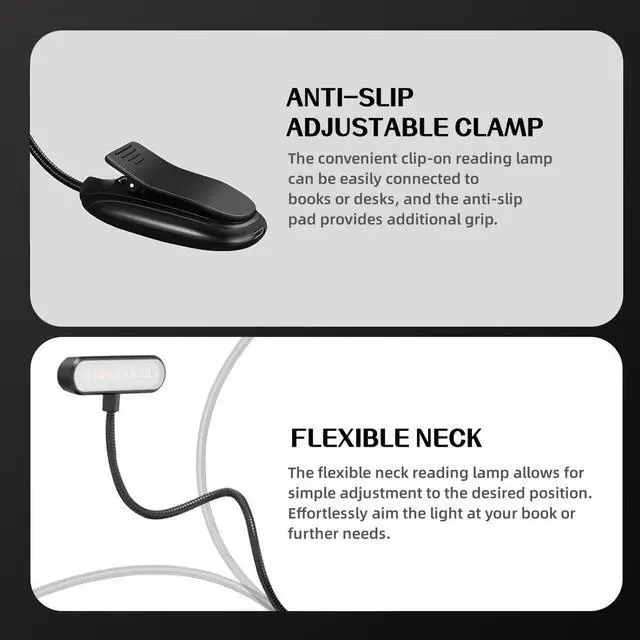 Alt view image 4 of 7 - LED Book Light, Book Light for Reading in Bed, Eye Caring, 3 Colors & 5 Brightness, Rechargeable Long Lasting Reading Light, Lightweight Clip on Light, Gifts for Book Lovers (Black)