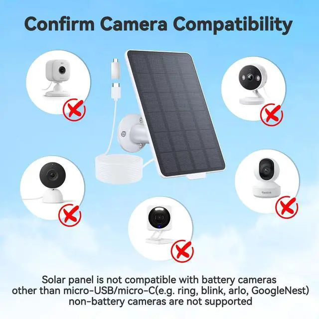 Alt view image 5 of 7 - 3W Solar Panel for Battery-Powered Security Cameras,USB-C & Micro USB Solar Charger for Wireless Outdoor Cameras,IP65 Waterproof, 9.8ft Cable, 360° Adjustable Mount (White, 1 Pack)