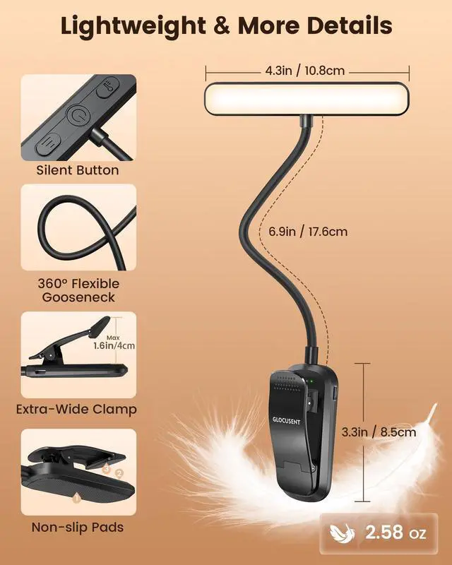 Alt view image 5 of 5 - 630nm Red Light Reading Light, 26 LEDs Zero Blue Light, 1600K Amber Book Light with 3 Modes & 5 Brightness Dimmable, 120H Runtime, Eye-Care Clip on Light for Book Lovers and Kids