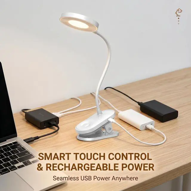 Alt view image 5 of 7 - Clip On LED Reading Light, Book Light for Bedroom - 5W Dimmable Touch Control Desk Lamp with Flexible Gooseneck, 19 LED Eye-Caring Night Light, USB Rechargeable, Perfect for Headboard, Study, Office