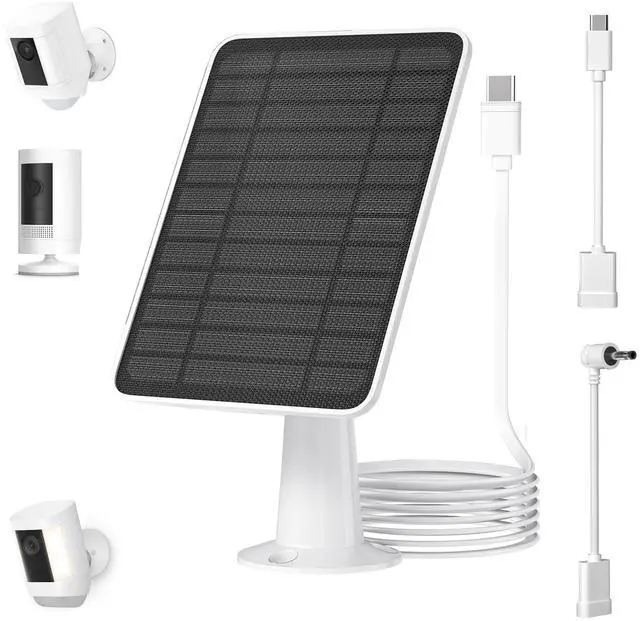 Main image of 5W Solar Panel for Ring Camera, Solar Panel Charger Compatible with Ring Spotlight Plus/Pro Stick Up Outdoor Cam Battery, 10ft Cable with USB-C to Barrel Plug Adapter & Micro-USB Adapter, 1 Pack