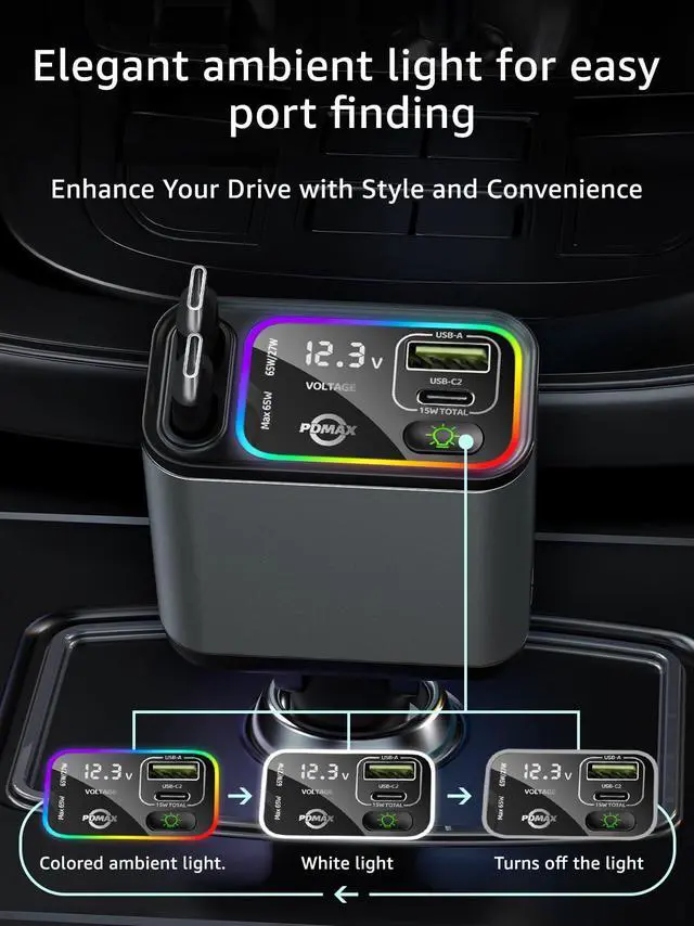 Alt view image 5 of 6 - Retractable Car Charger USB C,145W Type C Car Charger Fast Charging with Dual Retractable USB C Cable and USB Ports for iPhone 17/16/15,S25/24/23/22, Pixel 9/8/7(Build-in Dual Type C Cable)