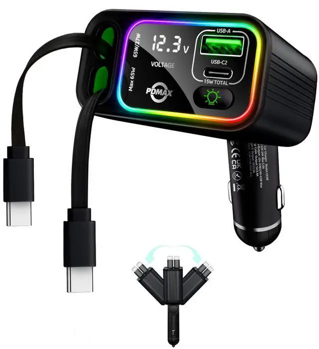 Main image of Retractable Car Charger USB C,145W Type C Car Charger Fast Charging with Dual Retractable USB C Cable and USB Ports for iPhone 17/16/15,S25/24/23/22, Pixel 9/8/7(Build-in Dual Type C Cable)