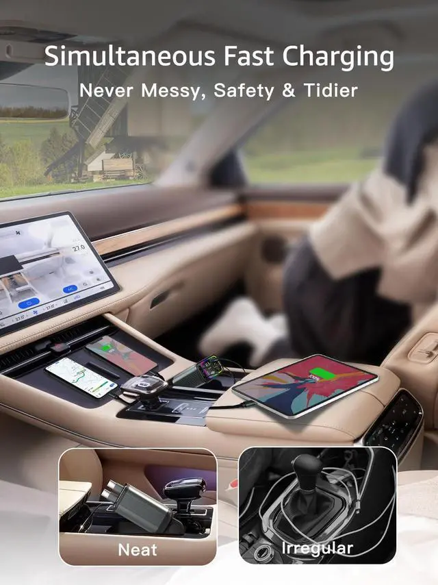 Alt view image 3 of 6 - Retractable Car Charger USB C,145W Type C Car Charger Fast Charging with Dual Retractable USB C Cable and USB Ports for iPhone 17/16/15,S25/24/23/22, Pixel 9/8/7(Build-in Dual Type C Cable)