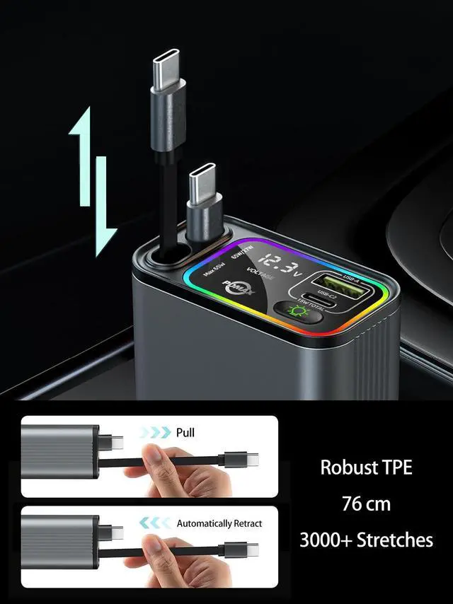 Alt view image 2 of 6 - Retractable Car Charger USB C,145W Type C Car Charger Fast Charging with Dual Retractable USB C Cable and USB Ports for iPhone 17/16/15,S25/24/23/22, Pixel 9/8/7(Build-in Dual Type C Cable)