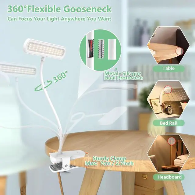 Alt view image 4 of 7 - Clip on Light, Reading Lights for Books in Bed, Eye Caring 66 LEDs Book Lights, 4 Brightness & Multiple Color Temperatures LED Desk Lamp Rechargeable Night Lamps for Home, Office and Dorm