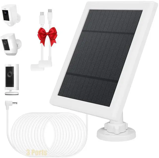 Main image of Solar Panel for Security Camera 3 IN 1 Port 5W Ring Camera Solar Charger Compatible with Ring Spotlight & Stick Up Outdoor Cam Battery, IP65 Waterproof &16.4ft Long Cable with USB-C/Micro USB/DC Ports