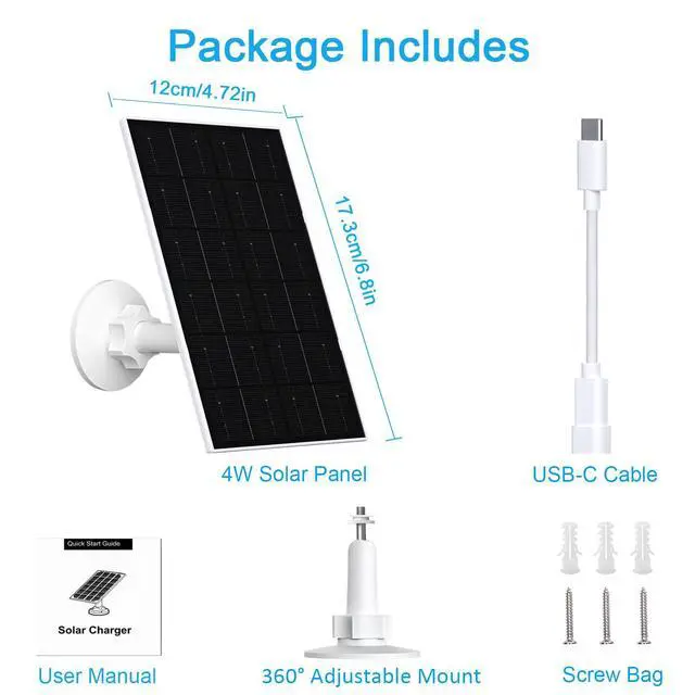 Alt view image 2 of 7 - 4W Solar Panel for WYZE Cameras, USB-C & Micro USB Solar Charger, Compatible with WYZE Cam Pro, Outdoor Cam V1/V2, 9.8ft Cable, IP66 Waterproof, 360° Adjustable Mount (1 Pack)