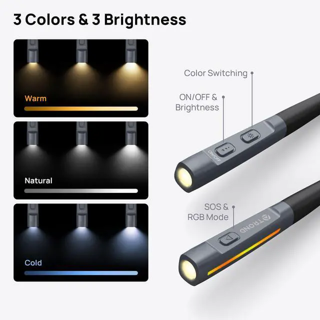 Alt view image 2 of 7 - LED Neck Reading Light, 3 Color 3 Brightness Book Light for Reading in Bed, 1000mAh Rechargeable Lamp, Flexible Arm with Outdoor Warning Lamp, Eye-Caring for Crochet, Travel, Book Lovers Gifts