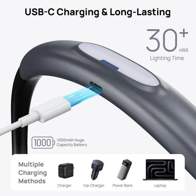 Alt view image 3 of 7 - LED Neck Reading Light, 3 Color 3 Brightness Book Light for Reading in Bed, 1000mAh Rechargeable Lamp, Flexible Arm with Outdoor Warning Lamp, Eye-Caring for Crochet, Travel, Book Lovers Gifts