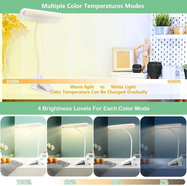 Alt view image 3 of 7 - Clip on Light, Reading Lights for Books in Bed, Eye Caring 66 LEDs Book Lights, 4 Brightness & Multiple Color Temperatures LED Desk Lamp Rechargeable Night Lamps for Home, Office and Dorm