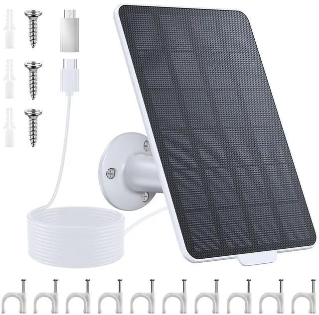 Main image of 3W Solar Panel for Battery-Powered Security Cameras,USB-C & Micro USB Solar Charger for Wireless Outdoor Cameras,IP65 Waterproof, 9.8ft Cable, 360° Adjustable Mount (White, 1 Pack)