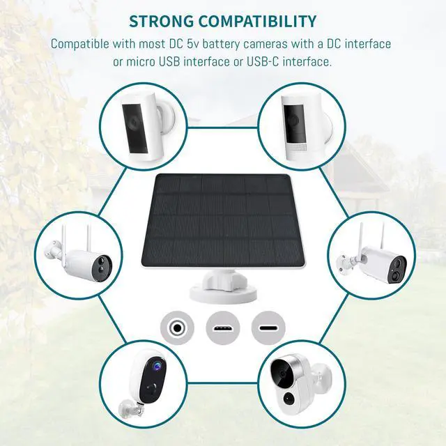 Alt view image 4 of 7 - 8W Solar Panel Compatible with Rechargeable Battery Powered Cam, for Security Camera Outdoor, 5V Camera Solar Charger Waterproof with Micro USB/USB-C Port/DC 3.5mm 3in1 Cable, 360° Adjustable Bracket
