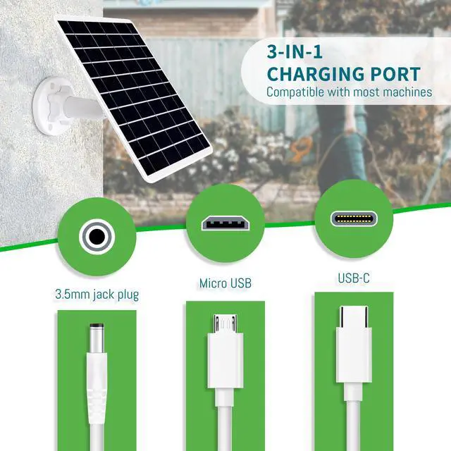 Alt view image 3 of 7 - 8W Solar Panel Compatible with Rechargeable Battery Powered Cam, for Security Camera Outdoor, 5V Camera Solar Charger Waterproof with Micro USB/USB-C Port/DC 3.5mm 3in1 Cable, 360° Adjustable Bracket