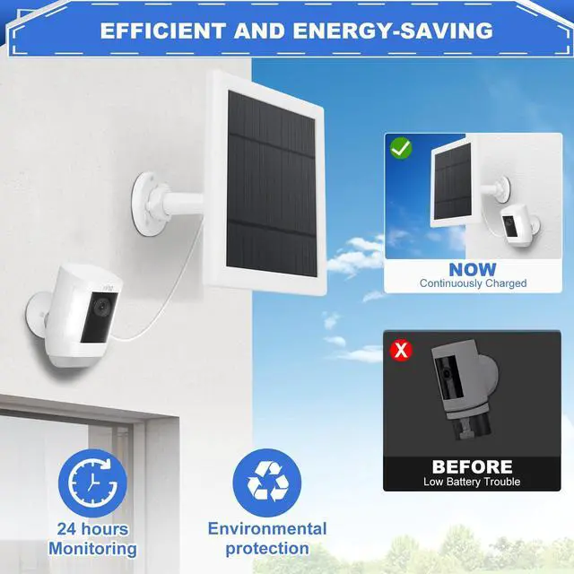 Alt view image 2 of 7 - Solar Panel for Security Camera 3 IN 1 Port 5W Ring Camera Solar Charger Compatible with Ring Spotlight & Stick Up Outdoor Cam Battery, IP65 Waterproof &16.4ft Long Cable with USB-C/Micro USB/DC Ports