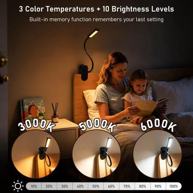 Alt view image 2 of 7 - Clip on Light, Desk Lamp with Clamp, LED Reading Light with 3500mAh Rechargeable Battery, 3 Color Modes, 10 Brightness Levels, Adjustable Neck, Cordless Clip on Lamp for Bed, Home Office, Craft(Black)