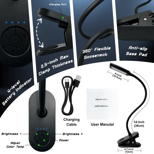 Alt view image 7 of 7 - Clip on Light, Desk Lamp with Clamp, LED Reading Light with 3500mAh Rechargeable Battery, 3 Color Modes, 10 Brightness Levels, Adjustable Neck, Cordless Clip on Lamp for Bed, Home Office, Craft(Black)