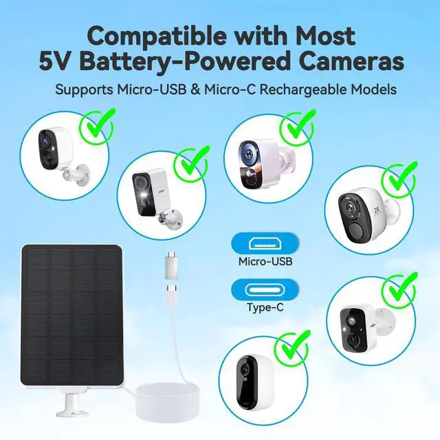 Alt view image 4 of 7 - 3W Solar Panel for Battery-Powered Security Cameras,USB-C & Micro USB Solar Charger for Wireless Outdoor Cameras,IP65 Waterproof, 9.8ft Cable, 360° Adjustable Mount (White, 1 Pack)