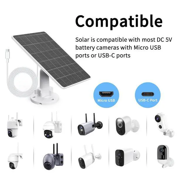Alt view image 3 of 6 - 5V 5W USB Solar Panel for Outdoor Security Camera, USB C Solar Panel Charger with Micro-USB Adapter, IP65 Waterproof Solar Panel with 9.8FT Cable for DC 5V Rechargeable Battery Camera (1)