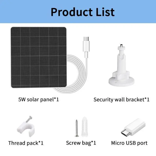 Alt view image 6 of 6 - 5V 5W USB Solar Panel for Outdoor Security Camera, USB C Solar Panel Charger with Micro-USB Adapter, IP65 Waterproof Solar Panel with 9.8FT Cable for DC 5V Rechargeable Battery Camera (1)
