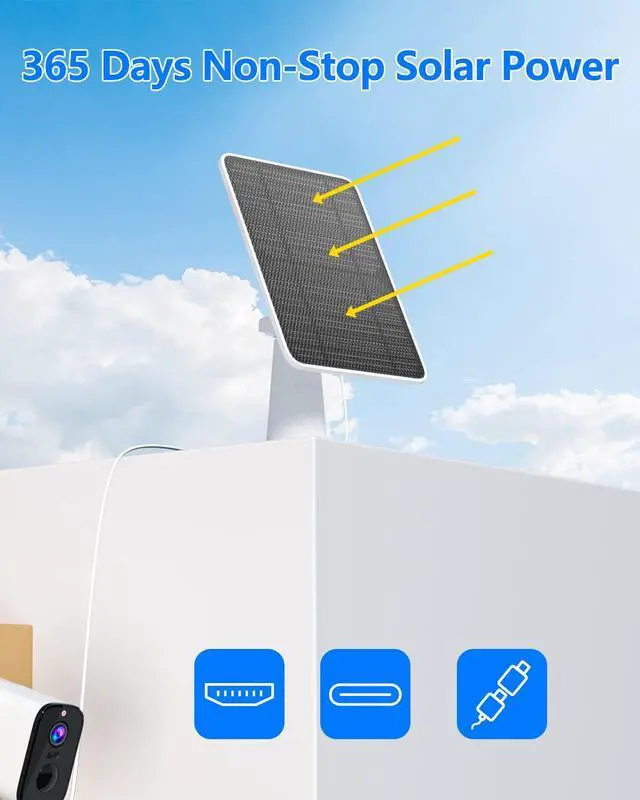 Alt view image 3 of 7 - Solar Panel for Security Camera, 5W USB Solar Panel for DC 5V Security Camera, Micro USB & USB-C Port Solar Panel, IP65 Waterproof Solar Charger for Camera,360° Adjustable Mounting 13ft Cable, 1 Pack