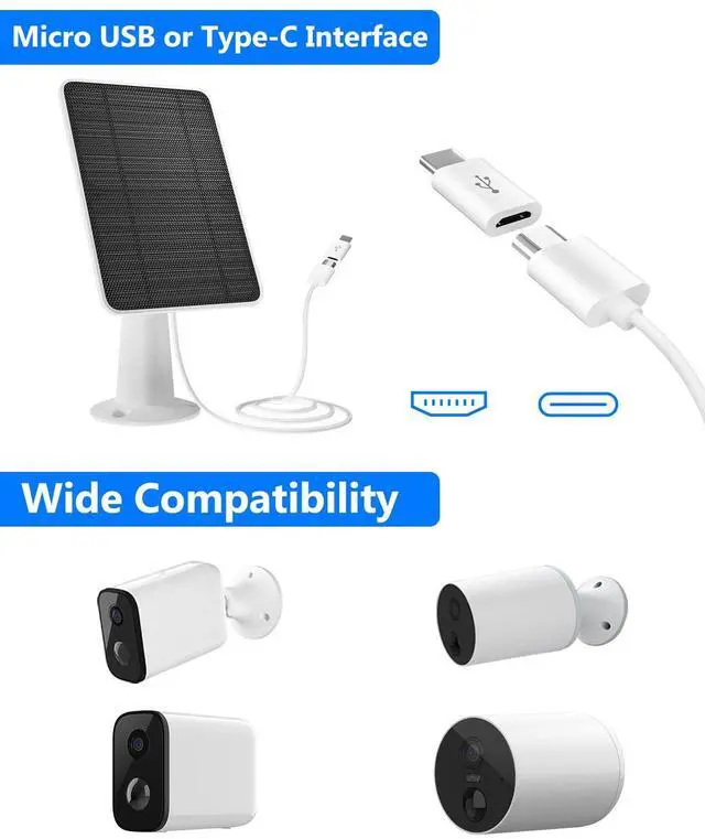 Alt view image 4 of 7 - Solar Panel for Security Camera, 5W USB Solar Panel for DC 5V Security Camera, Micro USB & USB-C Port Solar Panel, IP65 Waterproof Solar Charger for Camera,360° Adjustable Mounting 13ft Cable, 1 Pack