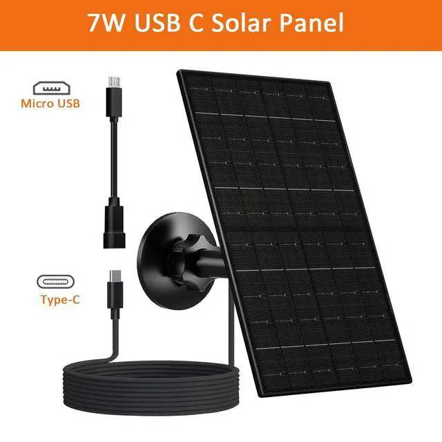 Alt view image 2 of 7 - Solar Panel for Security Camera, 7W Solar Charger with Micro USB & USB-C Port, IP65 Waterproof USB C Solar Panel for 5V Rechargeable Battery Security Cameras, with 360° Adjustable Mount (Black)