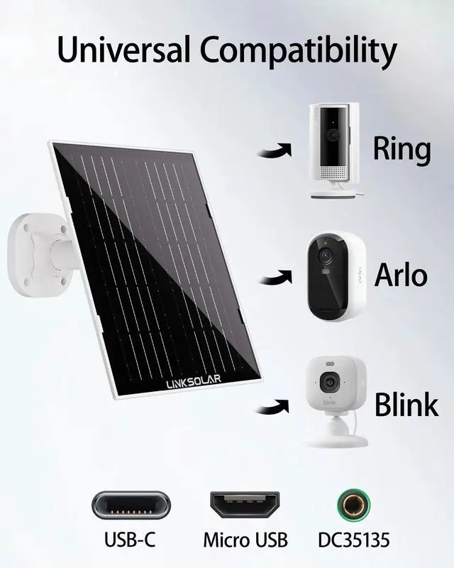 Alt view image 7 of 7 - Solar Panel for Security Camera Outdoor, 5W Solar Charger with Micro USB, DC & USB-C Port for Outdoor Rechargeable Battery Camera, IP65 Waterproof, 9.8ft Cable, 360°Adjustable Bracket