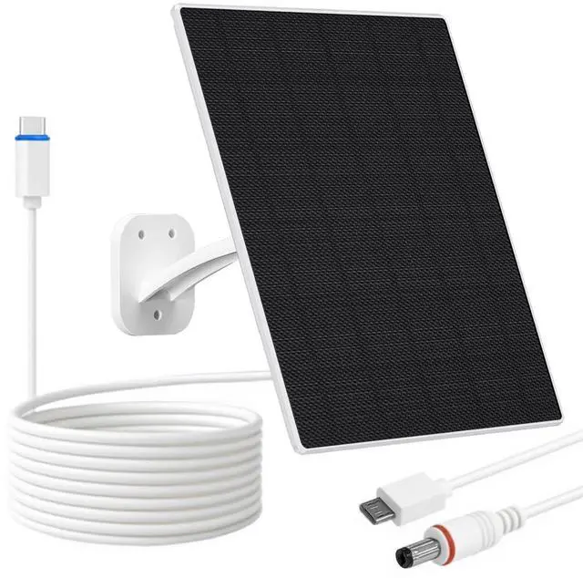Main image of Solar Panel for Security Camera, 10W Solar Charger with DC 5.5x2.1mm, USB-C & Micro USB Port, IP66 Waterproof, 360° Adjustable Mount, 7.2FT Cable