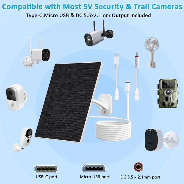Alt view image 2 of 7 - Solar Panel for Security Camera, 10W Solar Charger with DC 5.5x2.1mm, USB-C & Micro USB Port, IP66 Waterproof, 360° Adjustable Mount, 7.2FT Cable