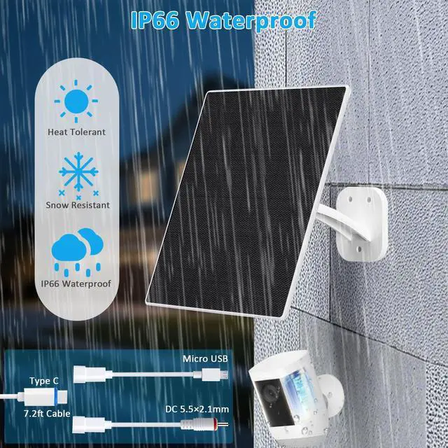 Alt view image 5 of 7 - Solar Panel for Security Camera, 10W Solar Charger with DC 5.5x2.1mm, USB-C & Micro USB Port, IP66 Waterproof, 360° Adjustable Mount, 7.2FT Cable