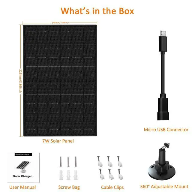 Alt view image 7 of 7 - Solar Panel for Security Camera, 7W Solar Charger with Micro USB & USB-C Port, IP65 Waterproof USB C Solar Panel for 5V Rechargeable Battery Security Cameras, with 360° Adjustable Mount (Black)