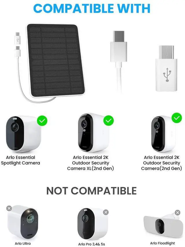 Alt view image 2 of 5 - Solar Panel Charger Compatible with Arlo Essential 2K Outdoor(2nd Gen)/Essential XL Camera(2nd Gen)/Essential Spotlight, 5W Solar Panel with IP65 Waterproof 10ft Micro USB-C Cable & Wall Mount, 1 Pack