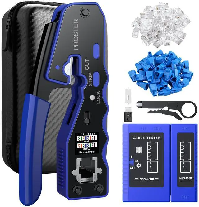Main image of RJ45 Crimper Tool - Stripper Cutter Crimper Tool for RJ45 Cat6 Cat5 Cat5e Pass-Thru Connectors with 50pcs Cat6 Pass Through Connectors & Protection Covers, 1pcs Wire Stripper