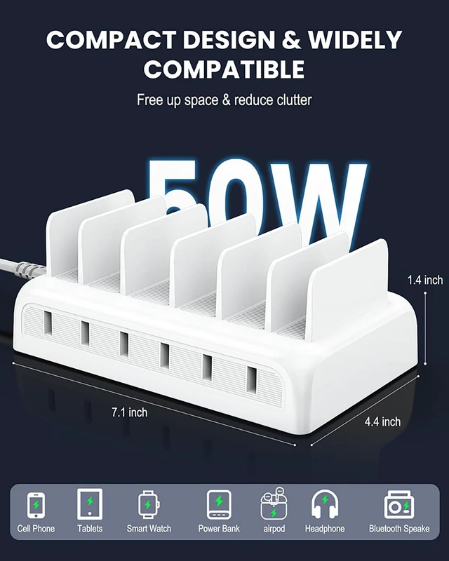 Alt view image 2 of 5 - Honcila Charging Station for Multiple Devices, 6 Port Fast Charger Stations for Apple iPhone, iPad, Cell Phone, Tablet, 50w Multi Device Organizer Charging Dock with 6 Mixed Charging Cables