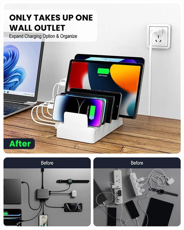 Alt view image 5 of 5 - Honcila Charging Station for Multiple Devices, 6 Port Fast Charger Stations for Apple iPhone, iPad, Cell Phone, Tablet, 50w Multi Device Organizer Charging Dock with 6 Mixed Charging Cables
