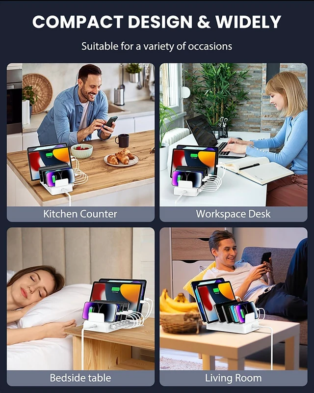 Alt view image 4 of 5 - Honcila Charging Station for Multiple Devices, 6 Port Fast Charger Stations for Apple iPhone, iPad, Cell Phone, Tablet, 50w Multi Device Organizer Charging Dock with 6 Mixed Charging Cables